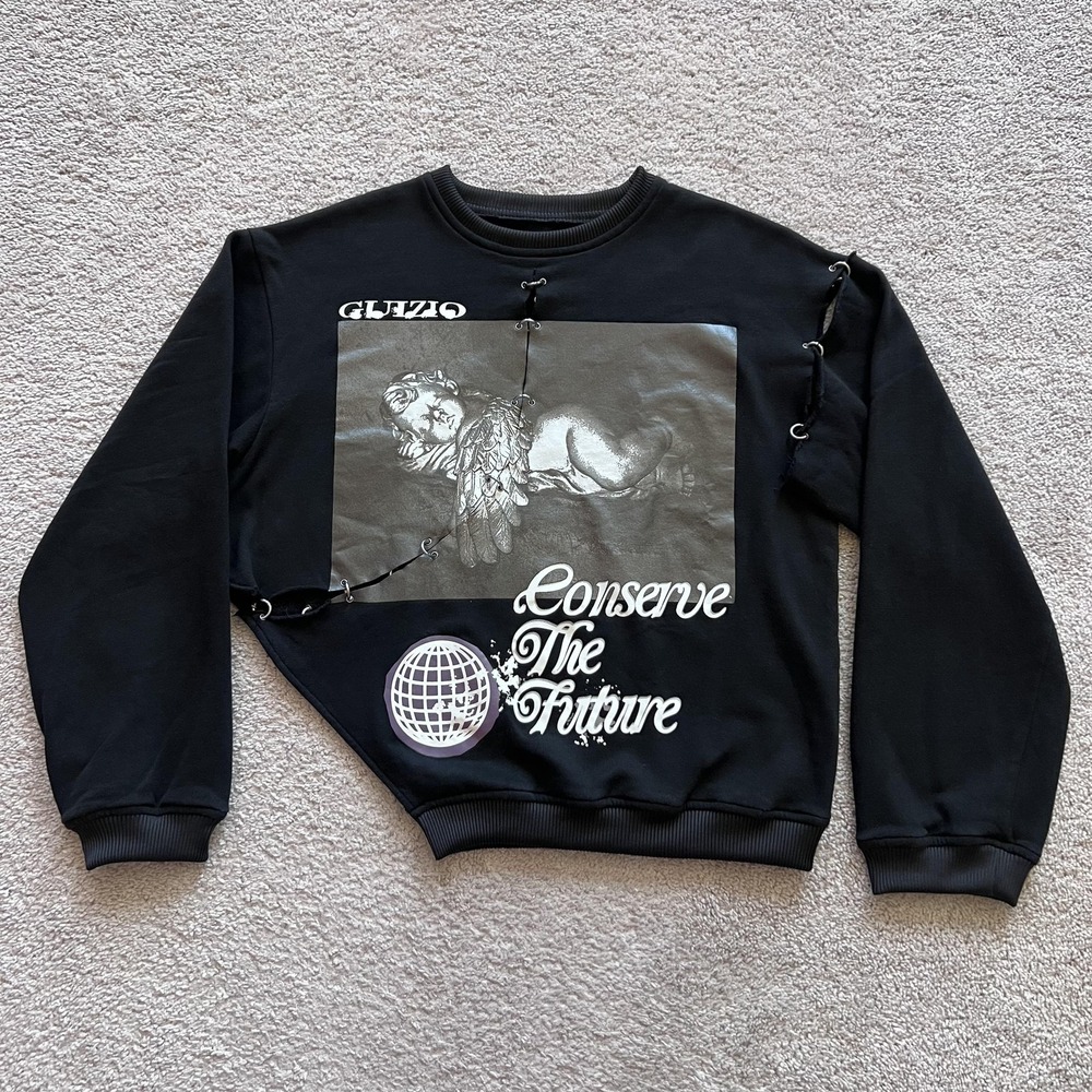 GUIZIO Conserve The Future Graphic Sweatshirt Womens XS Black Crewneck Strap